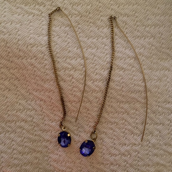 CRYSTAL BLUE DROP STONE Dangling Drop Earrings + Skinny Long Dangling Earrings - Picture 3 of 3